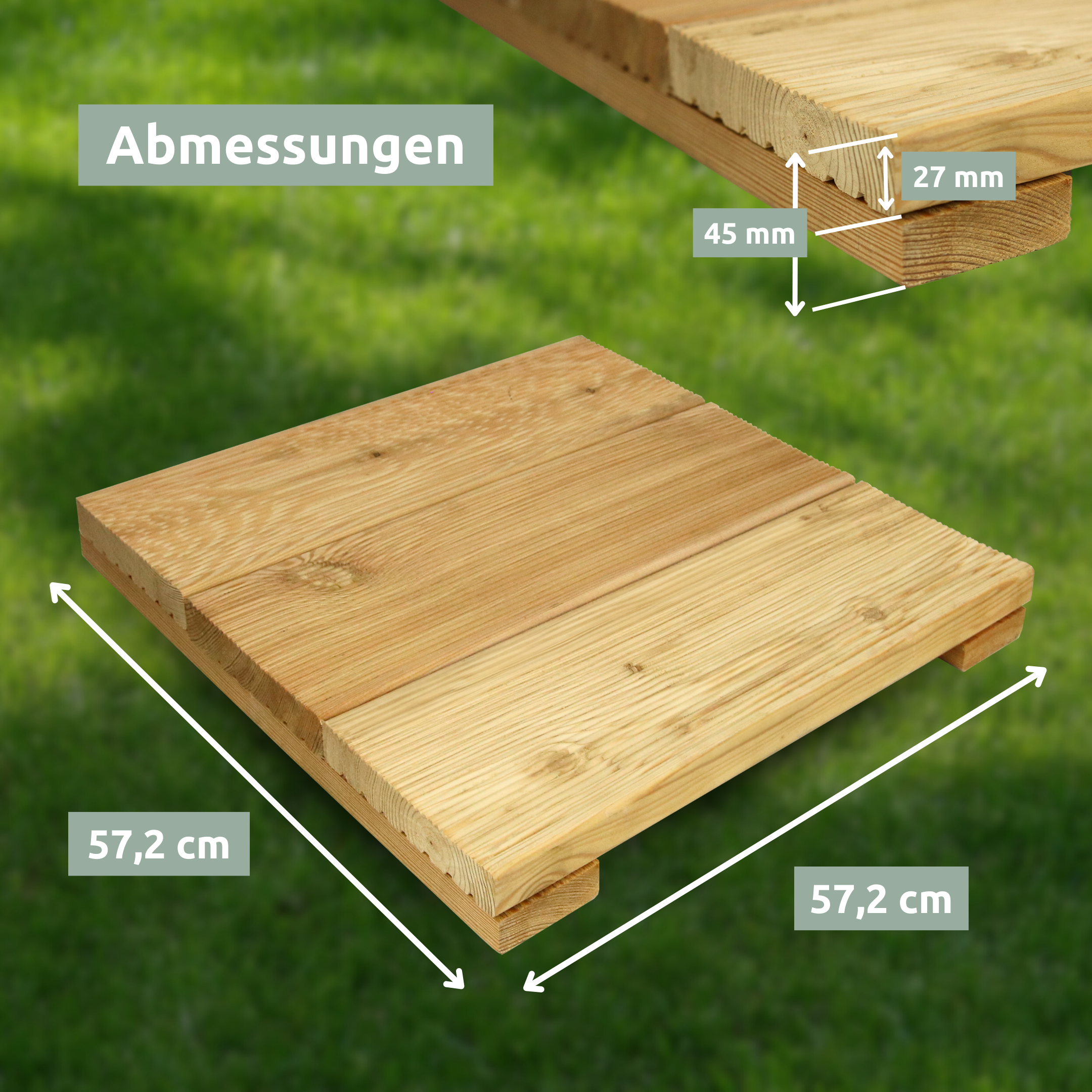 Maattekening houten tegel lariks, 57,2 x 57,2 cm, profielhoogte 45 en 27 mm