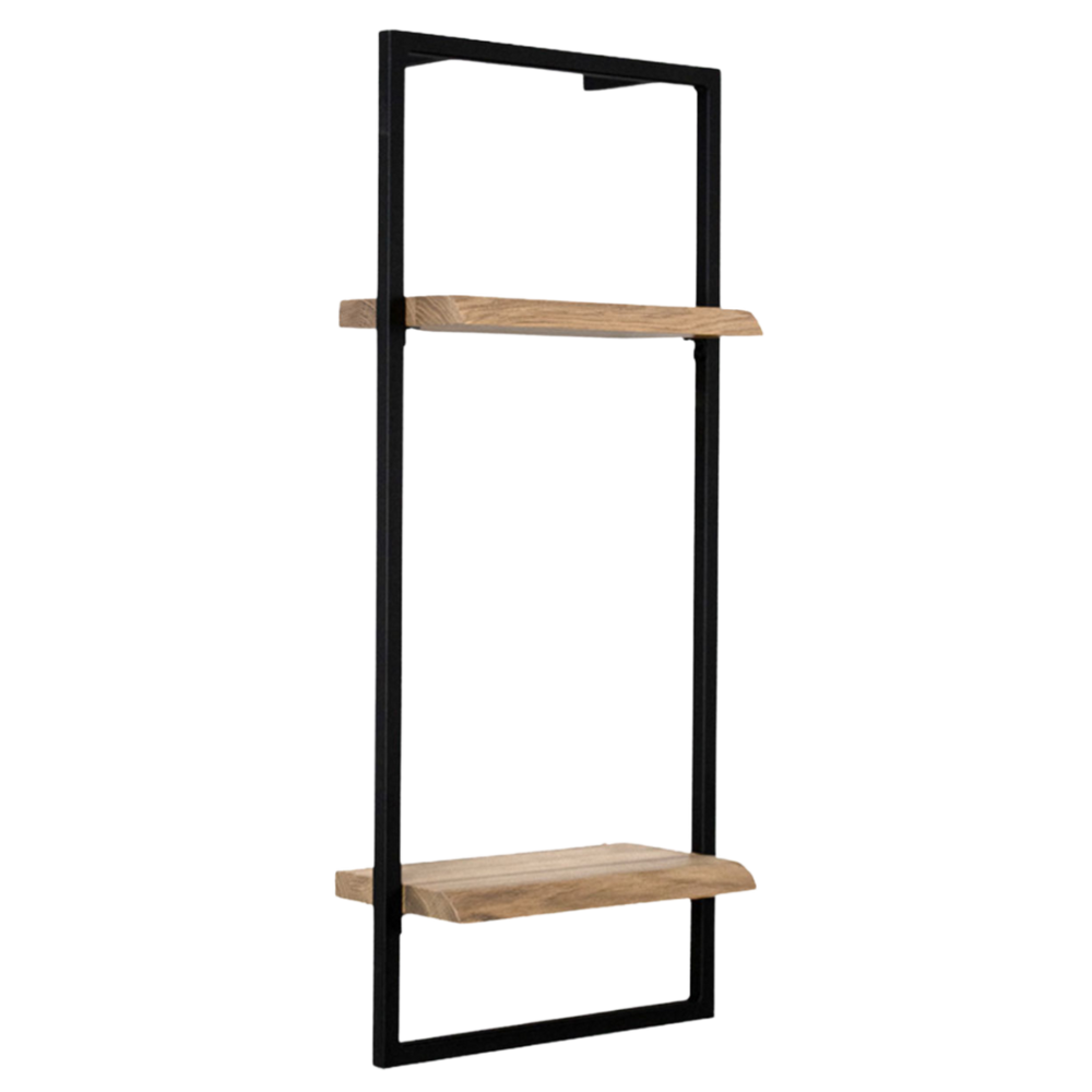 Wandrek High van eikenhout met boomstamrand en zwart metalen frame met twee legborden, vrijstaand