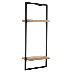 Wandrek High van eikenhout met boomstamrand en zwart metalen frame met twee legborden, vrijstaand