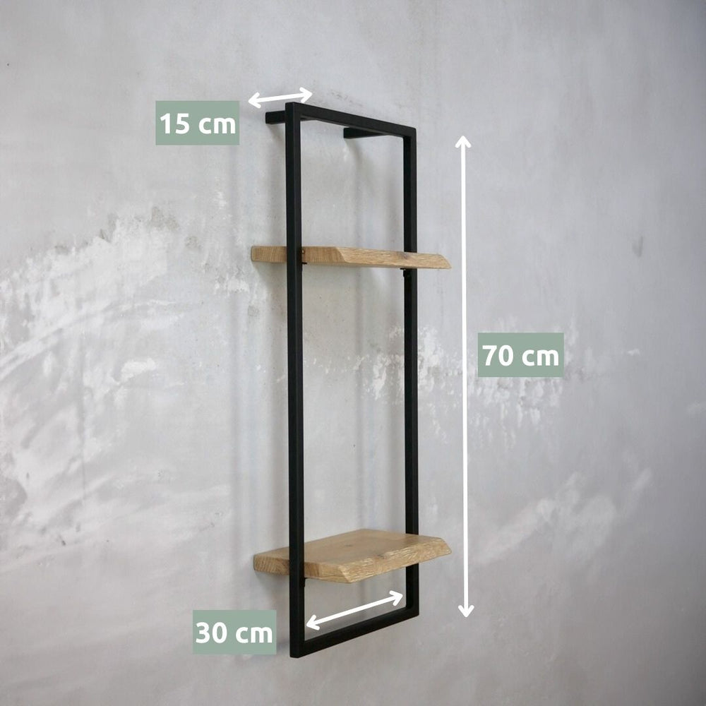 Maattekening hoog wandrek High met boomstamrand, 70 x 30 x 15 cm, lichtgrijs eiken, schuin aanzicht