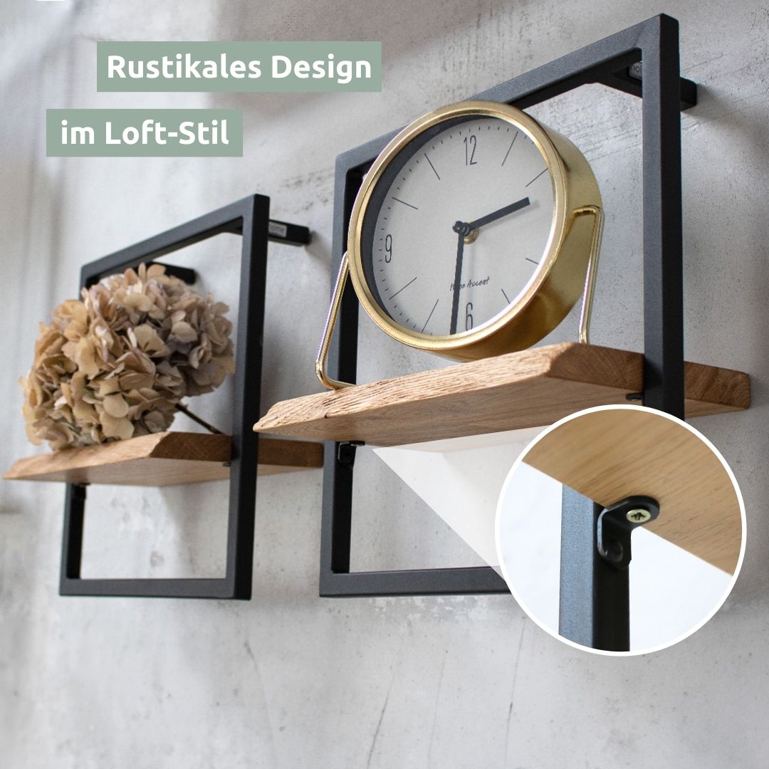 Wandrekken zwart omlijst in loft-stijl met klok en droogbloem, close-up van de schroefbevestiging van het frame