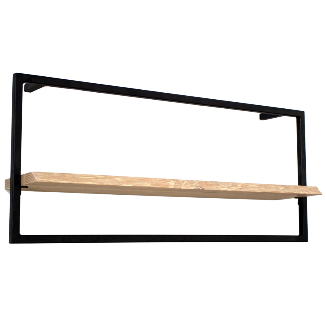 Wandrek long in eiken lichtgrijs met boomstamrand en zwart frame, vrijstaand zijaanzicht