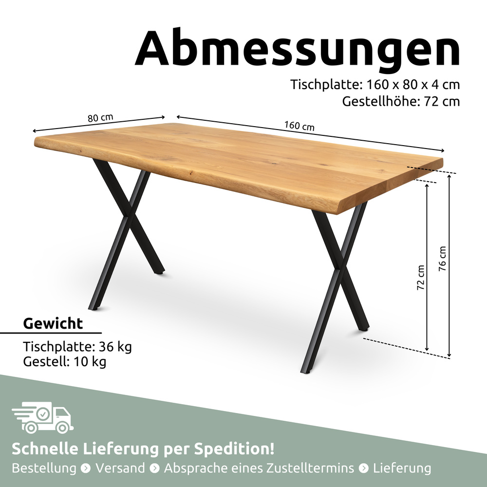 Maattekening eikentafel met boomstamrand, tafelblad 160 x 80 x 4 cm, hoogte 76 cm