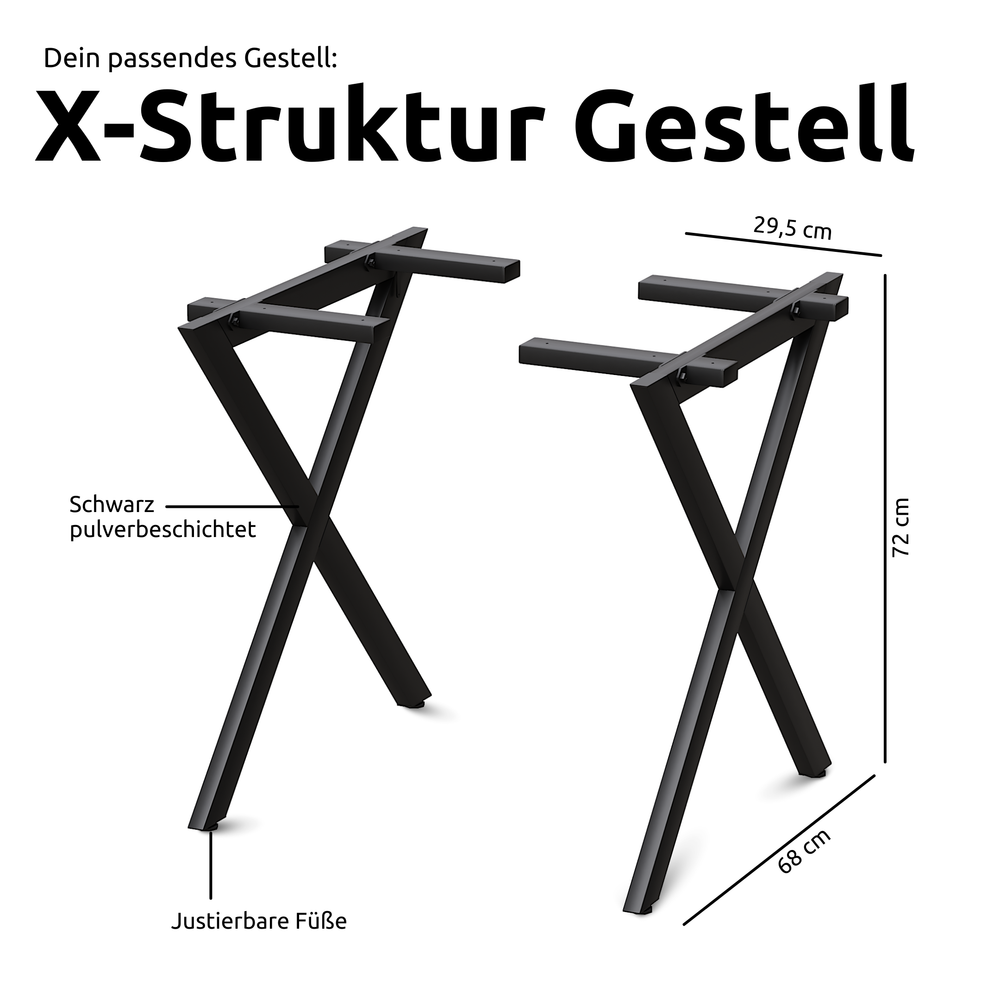 Maattekening zwart X-structuur tafelonderstel, 72 cm hoog met verstelbare voetjes