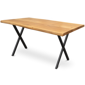 Massief houten tafel met boomstamrand van eiken met zwart X-onderstel, eetkamertafel 160 cm