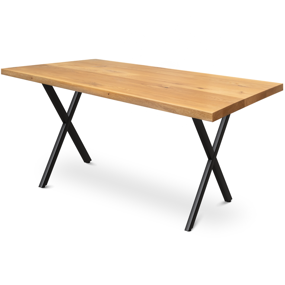 Massief houten tafel eiken zonder boomstamrand met zwart X-onderstel, rechte rand