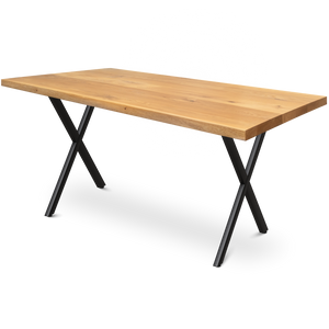 Massief houten tafel eiken zonder boomstamrand met zwart X-onderstel, rechte rand