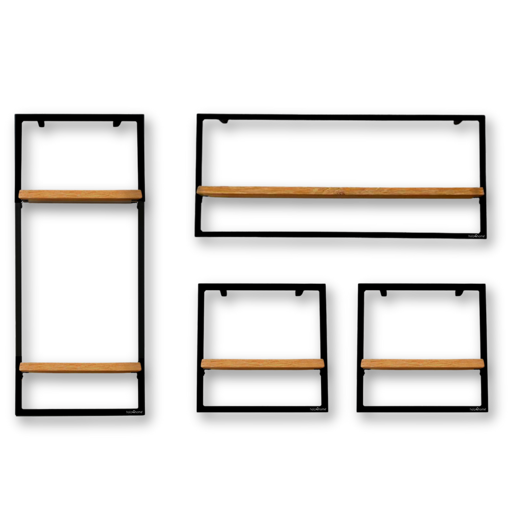 Vier wandrekken met zwarte omlijsting, boomstamrand en holz4home-logo op het frame, vrijstaand