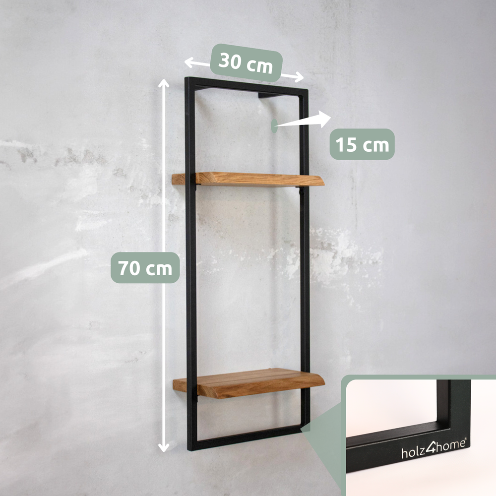 Maattekening hoog wandrek High met boomstamrand, 70 x 30 x 15 cm, met detail van het metalen frame