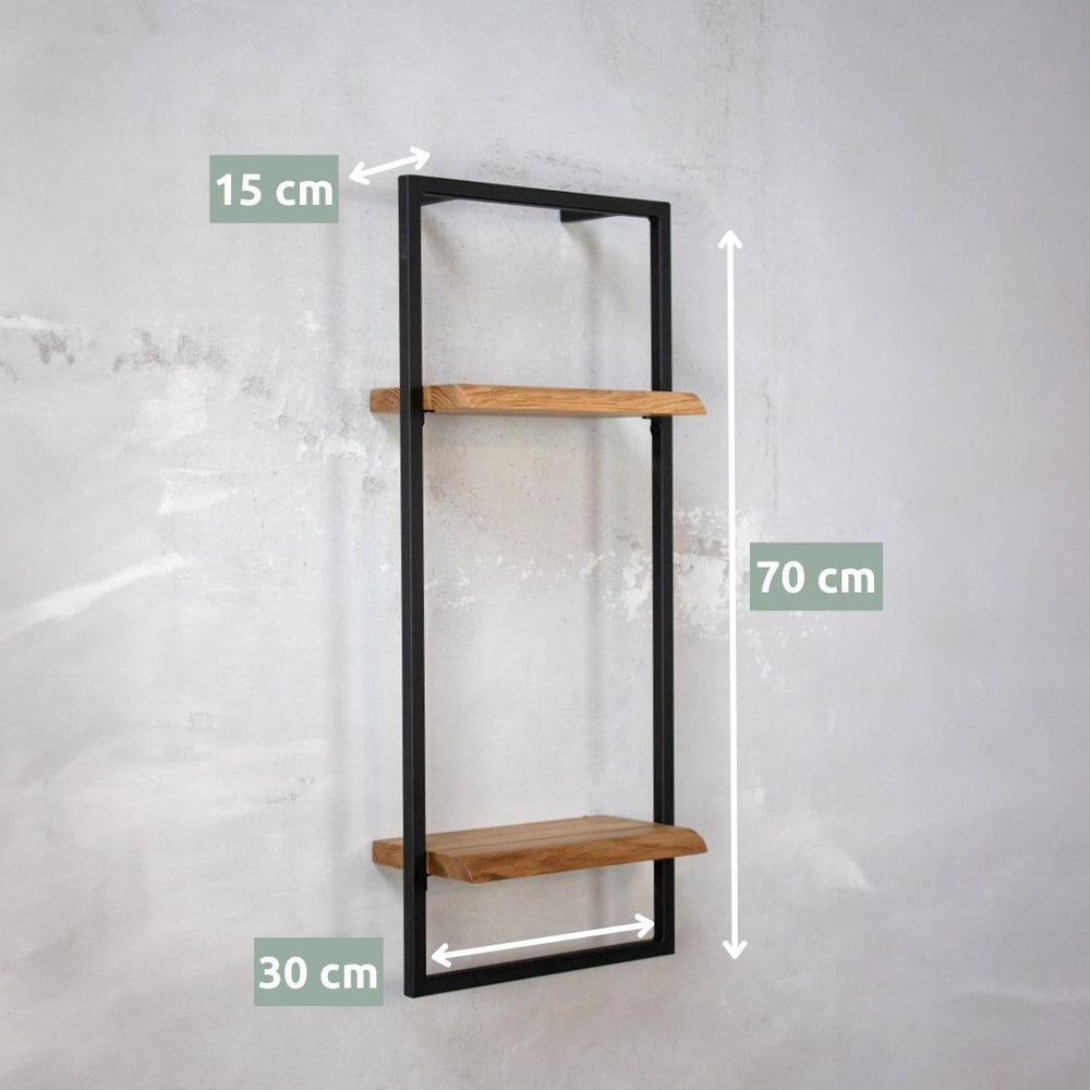 Maattekening hoog wandrek High met boomstamrand, 70 x 30 x 15 cm, naturel geolied eiken, schuin aanzicht