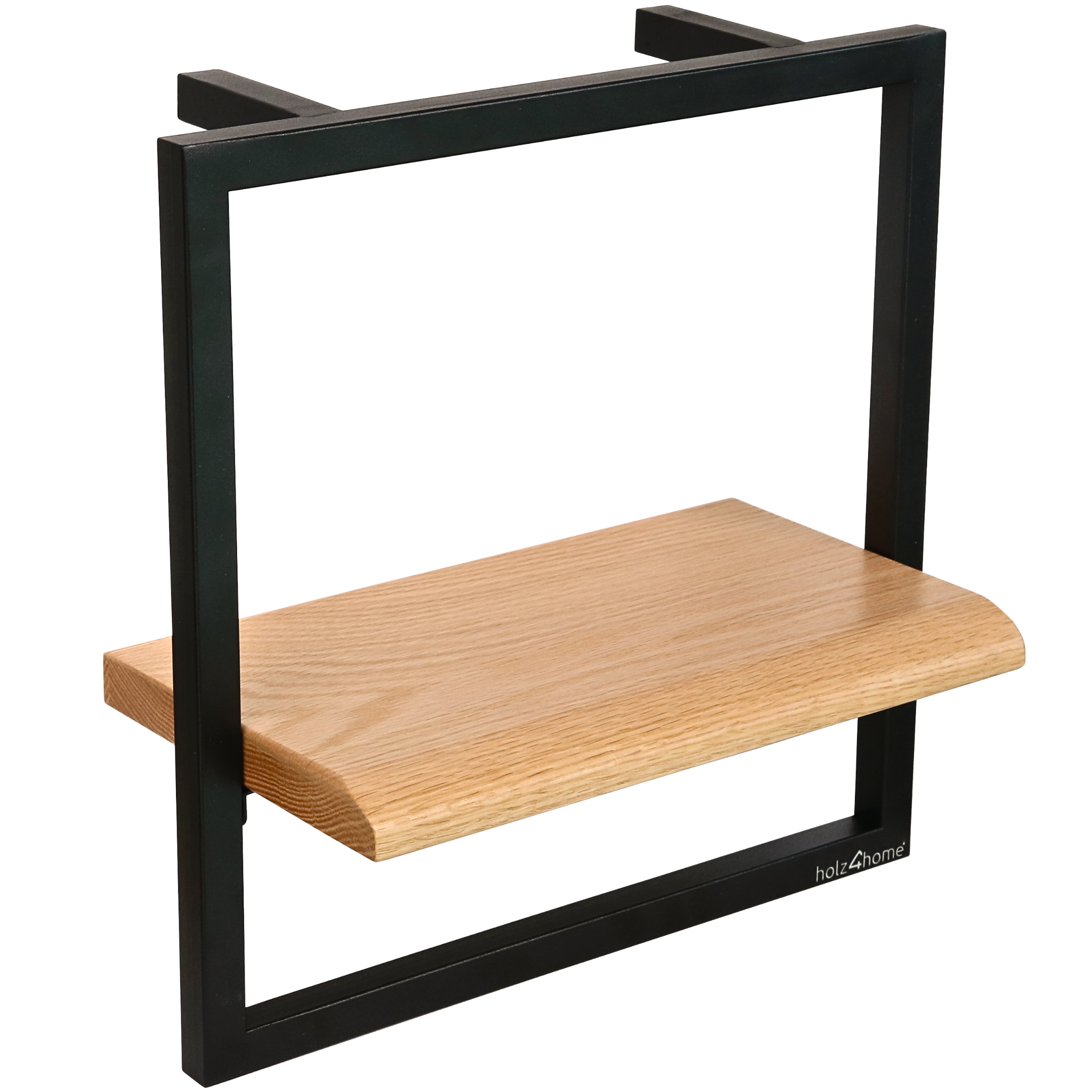 Wandrek Small met zwarte omlijsting en licht massief eikenhouten plank, vooraanzicht licht schuin