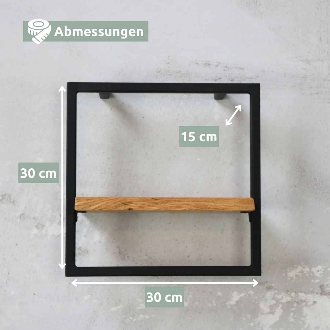 Maatschets wandrek Small zwart omlijst: 30 cm breedte en hoogte, 15 cm diepte, smalle goudbruine plank