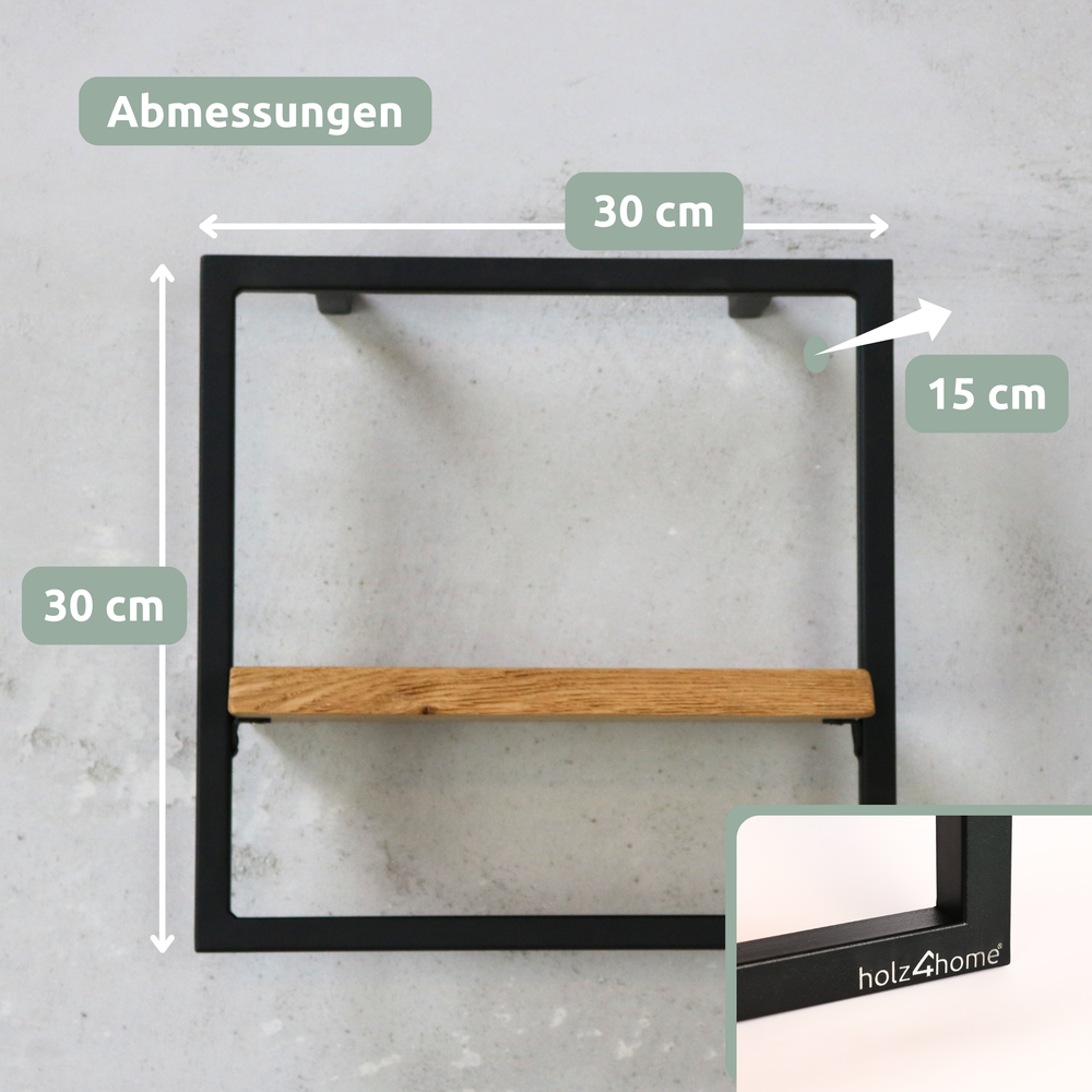 Afmetingen klein wandrek Small, 30 x 30 x 15 cm, met detail van het zwarte metalen frame