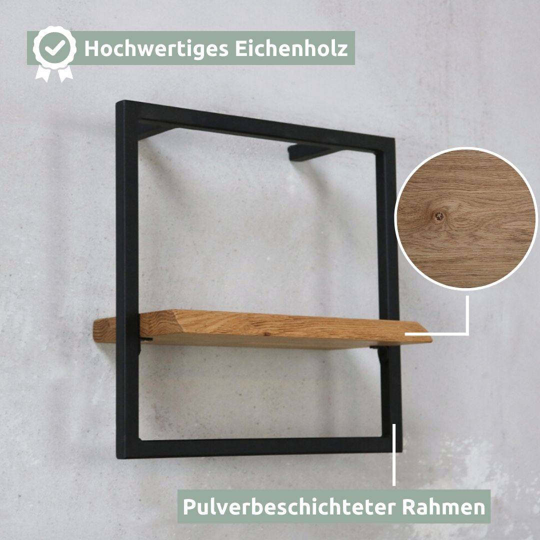 Detail van de lichte eikenhoutnerf met kwast aan het wandrek met boomstamrand en poedergecoat frame