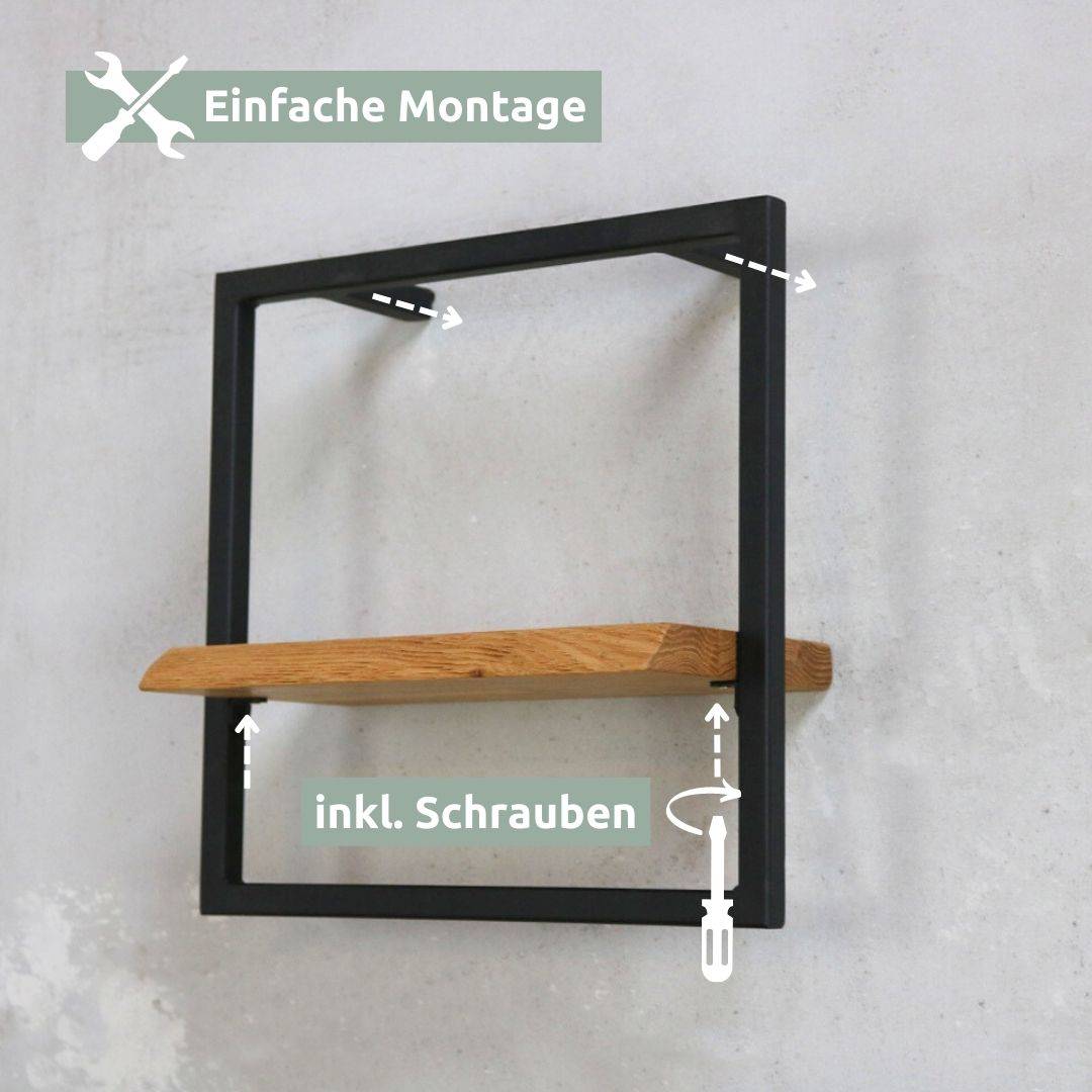 Montagegrafiek wandrek Small: lichte plank van eikenhout met boomstamrand wordt met schroeven in het frame bevestigd