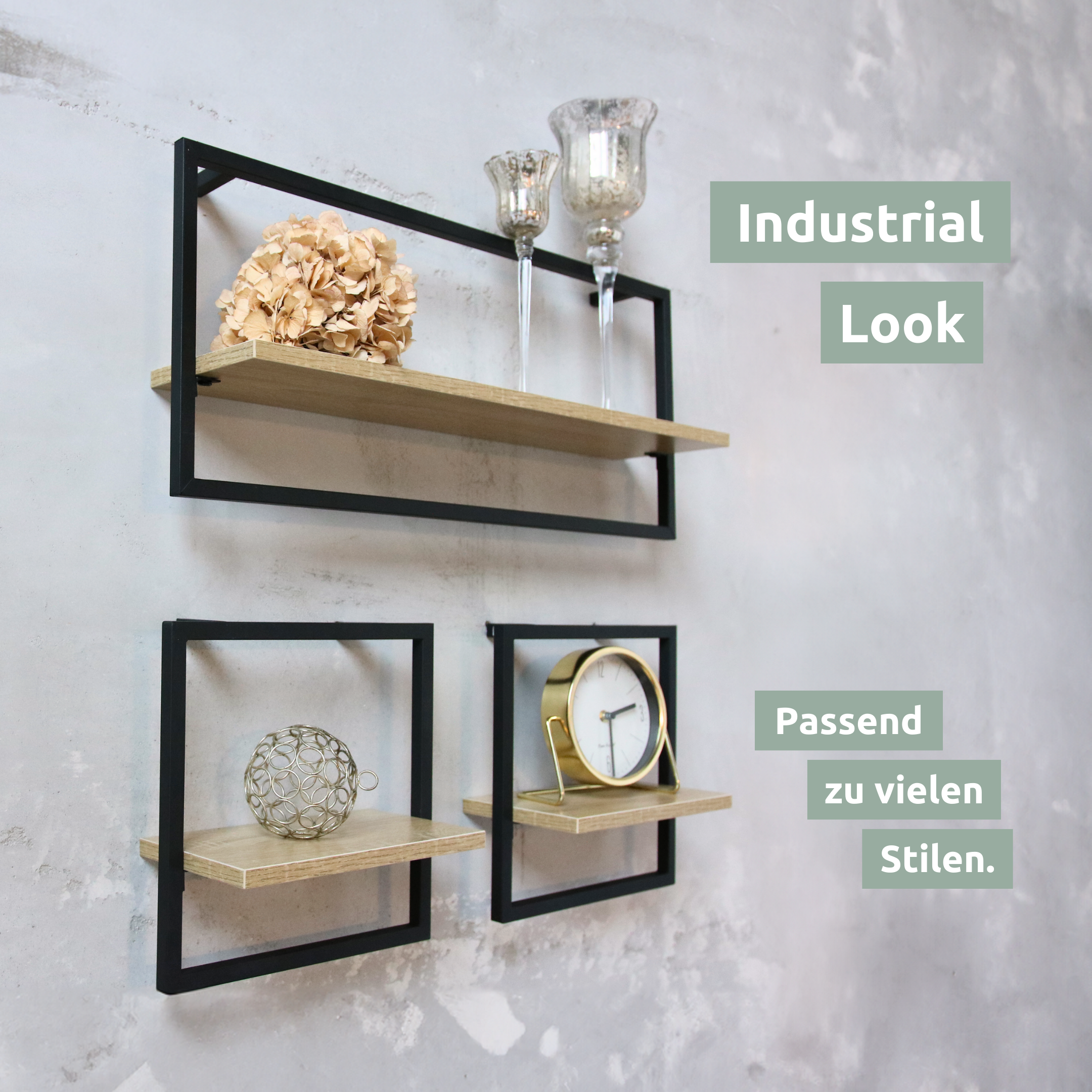 Wandrekken Sonoma in industrial-look gearrangeerd met decoratie aan de betonnen muur