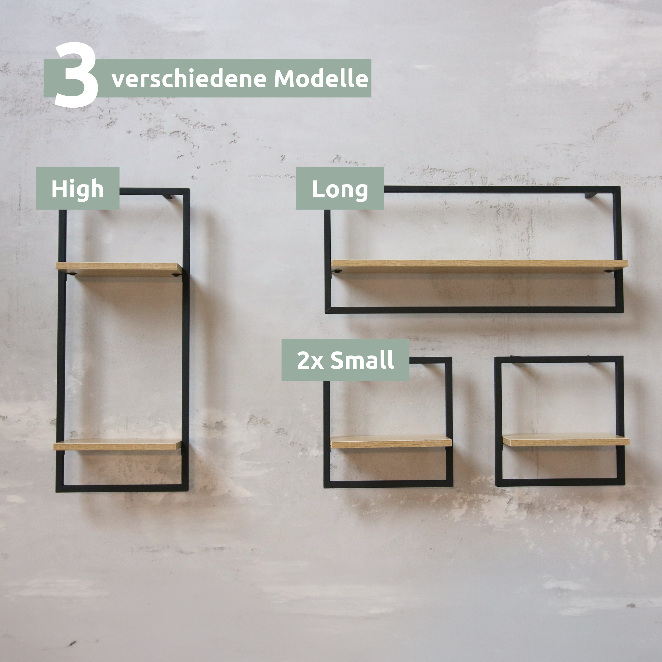 Drie wandrek-modellen Sonoma – High, Long en twee kleine rekken in overzicht