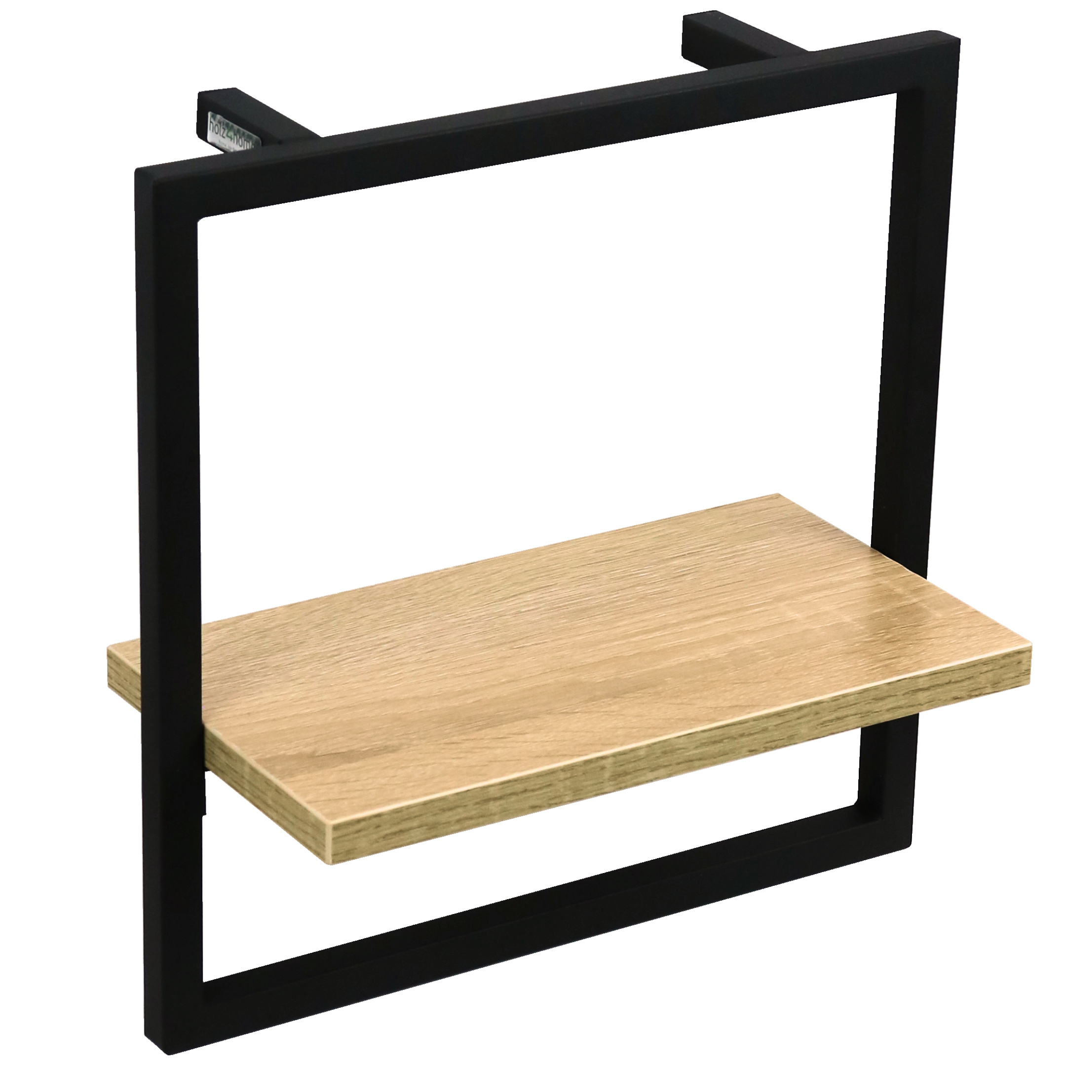 Wandrek met zwart metalen frame en MDF-plank in Sonoma, vooraanzicht