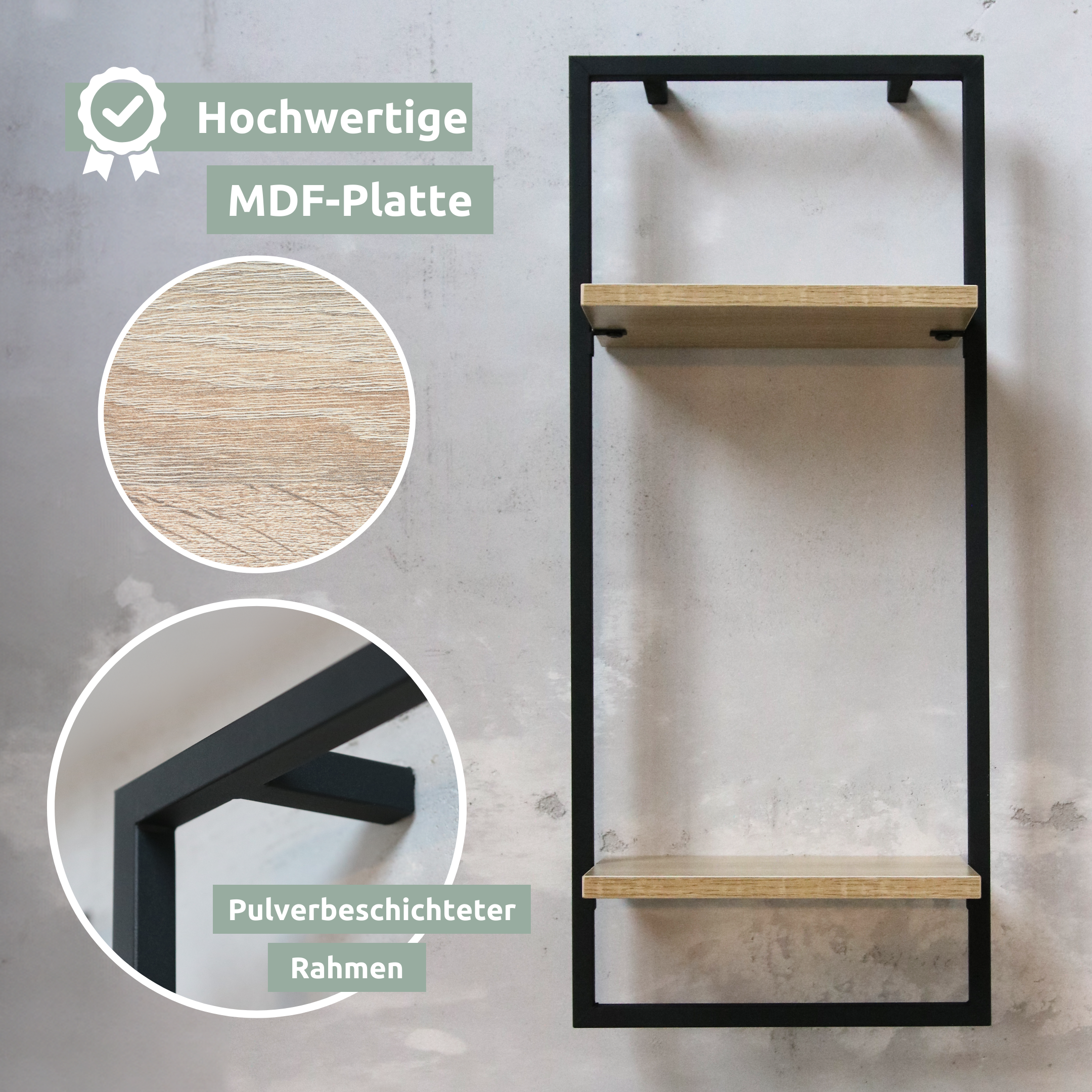 Hoog wandrek Sonoma met detail van de MDF-plaat en het poedergecoate frame