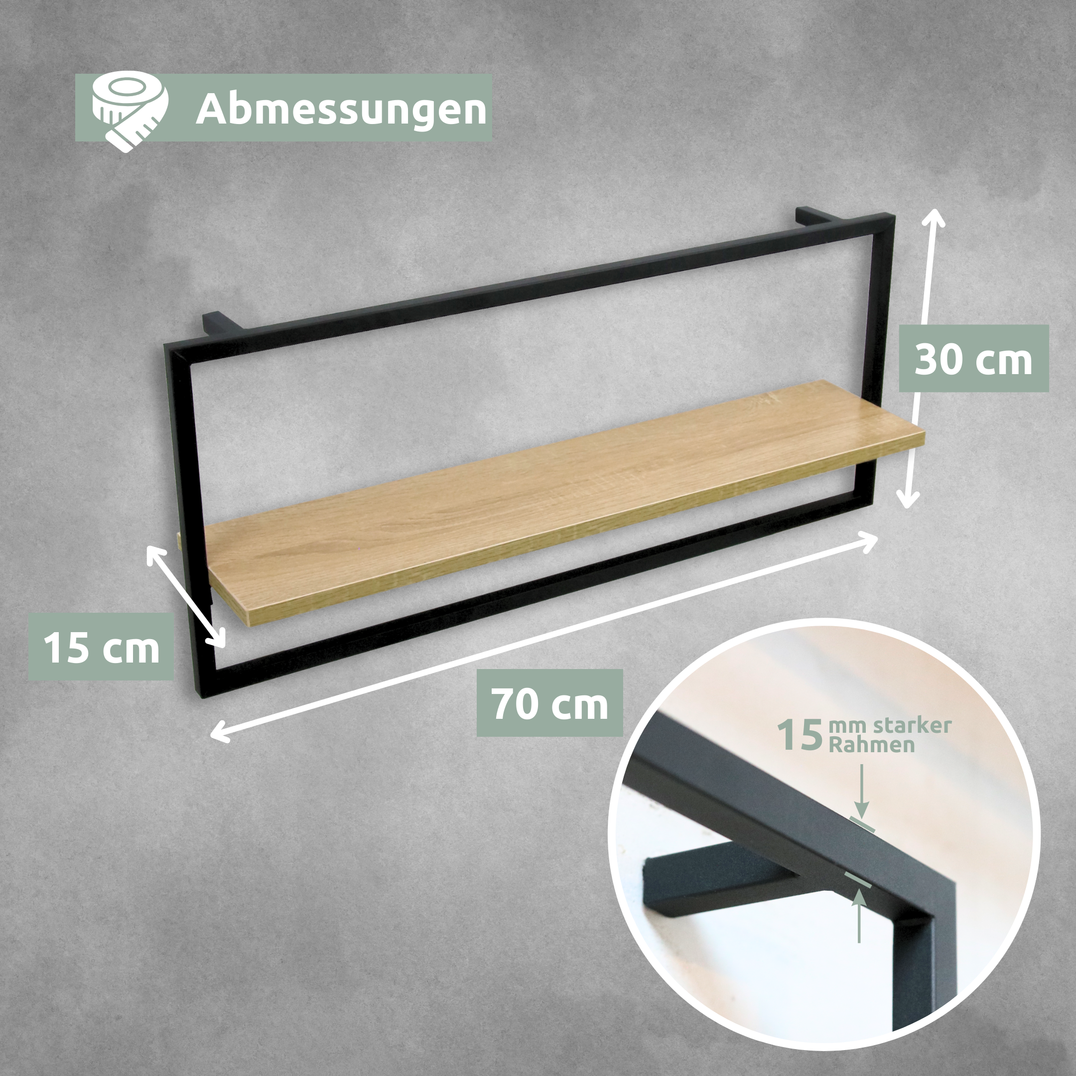 Maattekening lang wandrek Sonoma, 70 x 30 x 15 cm, met 15-mm-framedetail