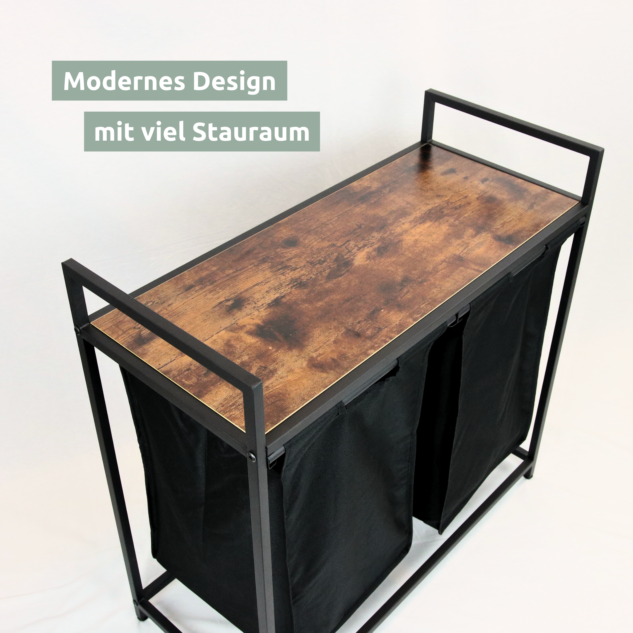 Wasmand van bovenaf met donkere vintage plank en twee uittrekbare vakken, bovenaanzicht
