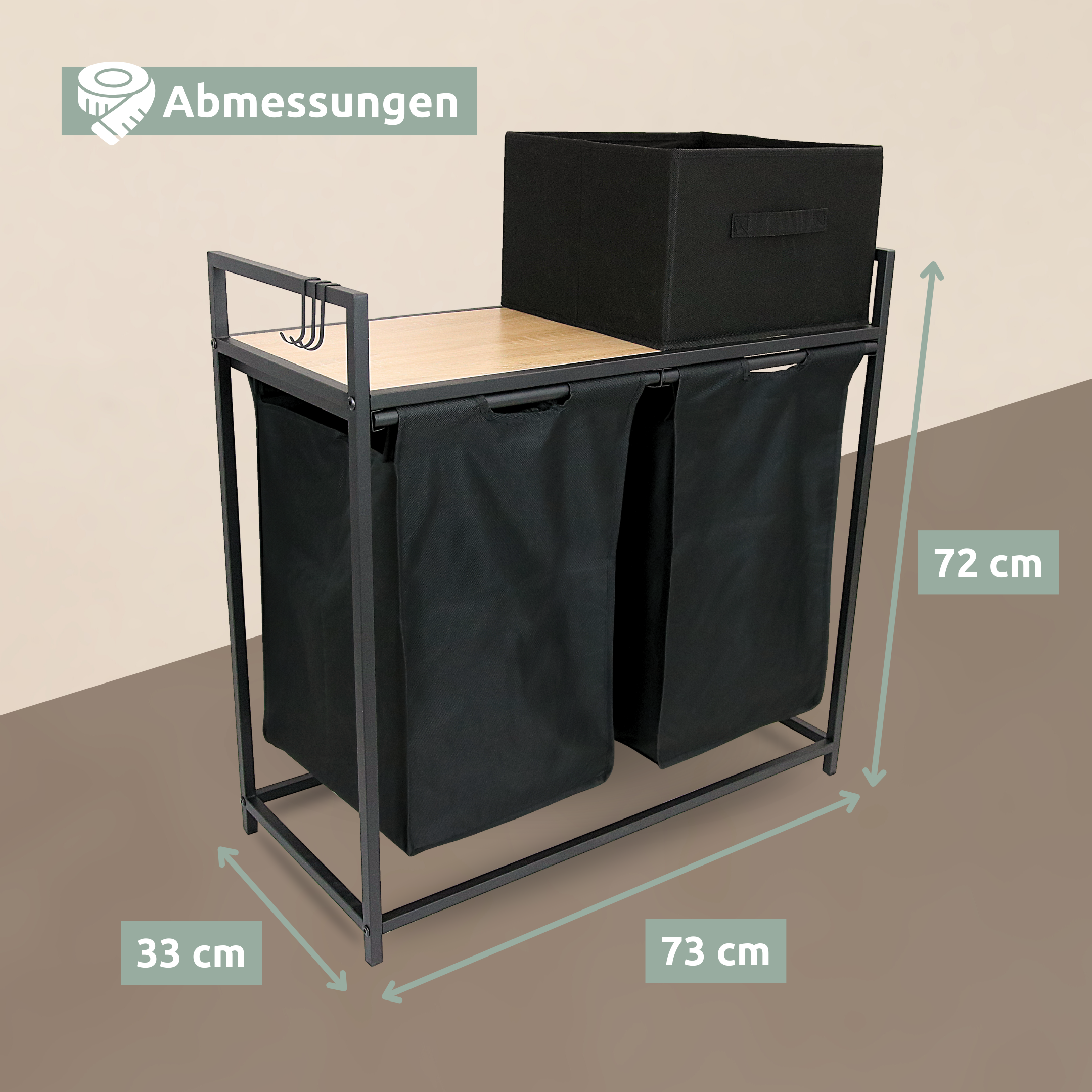 Maattekening wasmand 2 vakken met lichte Sonoma-plank, 73 x 33 x 72 cm