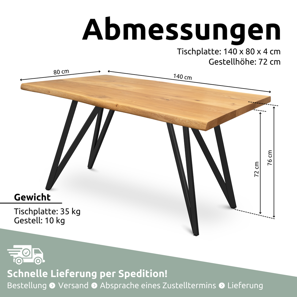 Maattekening eiken eettafel met boomstamrand, blad 140 x 80 x 4 cm, onderstelhoogte 72 cm, totale hoogte 76 cm