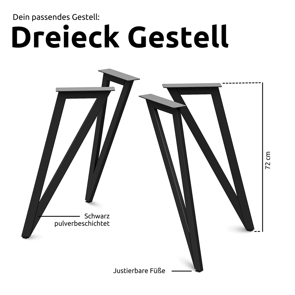 Zwart driehoek-onderstel van poedergecoat staal, 72 cm hoog, met verstelbare voetjes