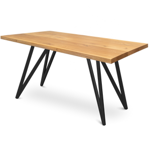 Massief houten tafel van eiken met rechte rand op filigraan zwart driehoek-onderstel, vrijstaand aanzicht