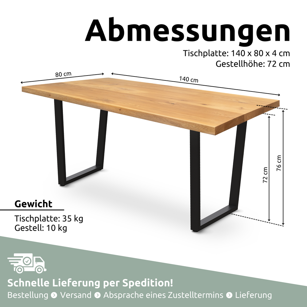 Massief houten tafel eiken, maattekening 140 x 80 x 4 cm met rechte rand en zwart trapezium-onderstel, onderstelhoogte 72 cm
