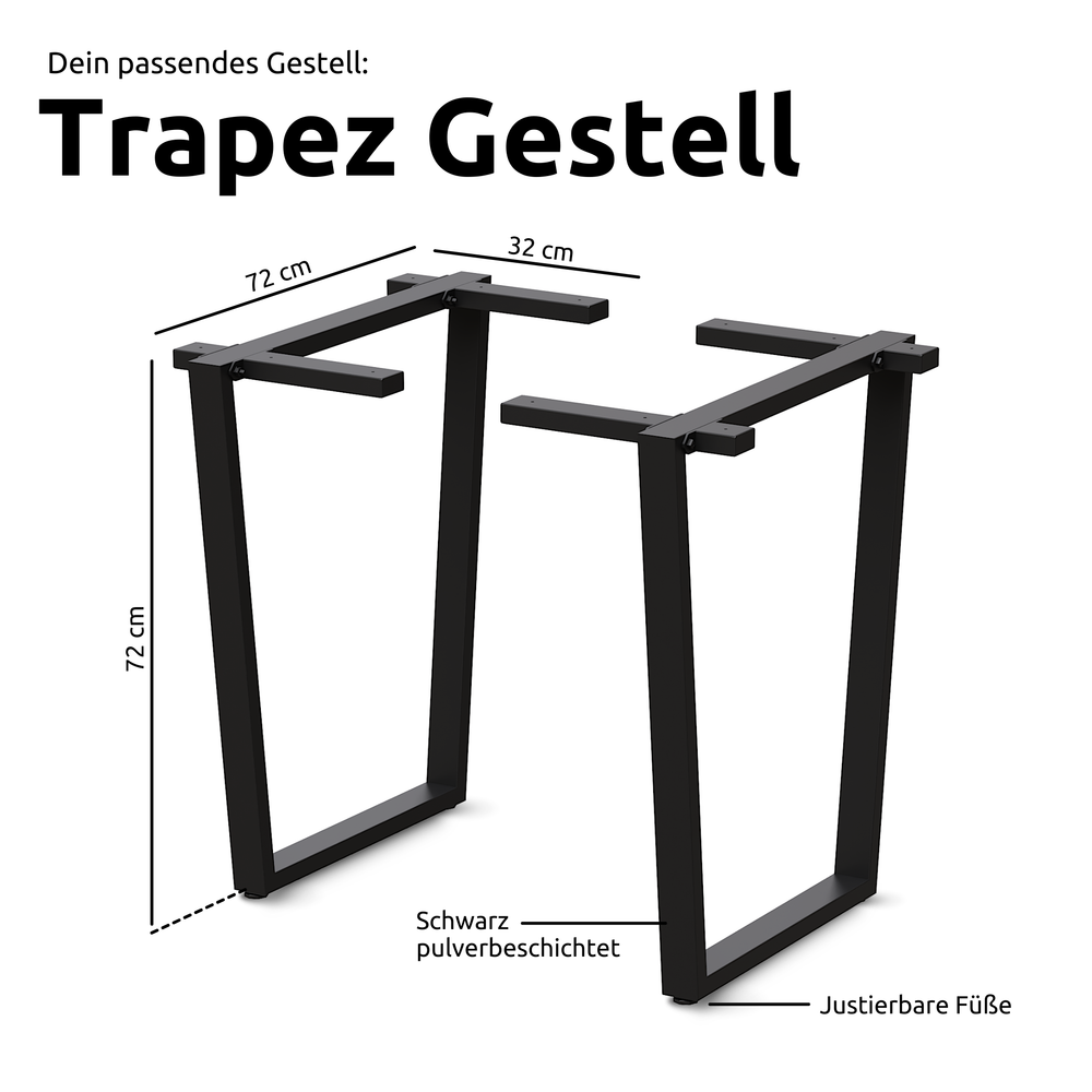 Maattekening zwart trapezium-onderstel, 72 cm hoog, poedergecoat