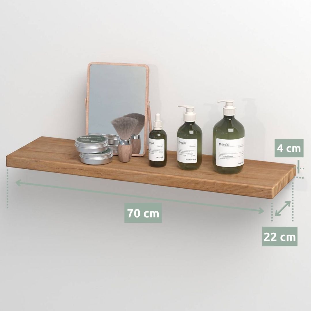 Maatgrafiek wandrek eiken 70 x 22 x 4 cm, gedecoreerd met spiegel, scheerkwast en cosmetica