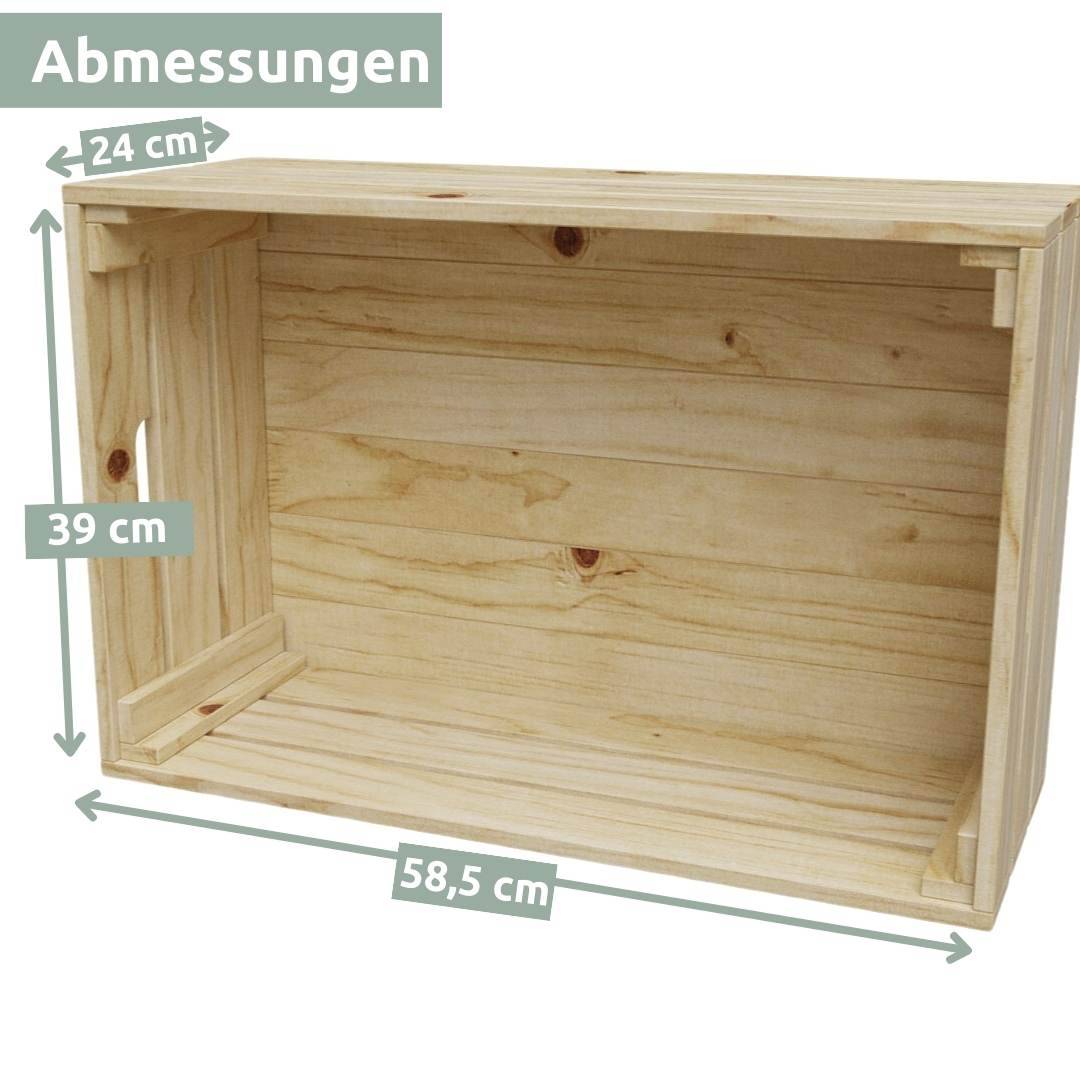 Maattekening grote wijnkist in naturel, 58,5 cm breed, 39 cm hoog, 24 cm diep, zijaanzicht