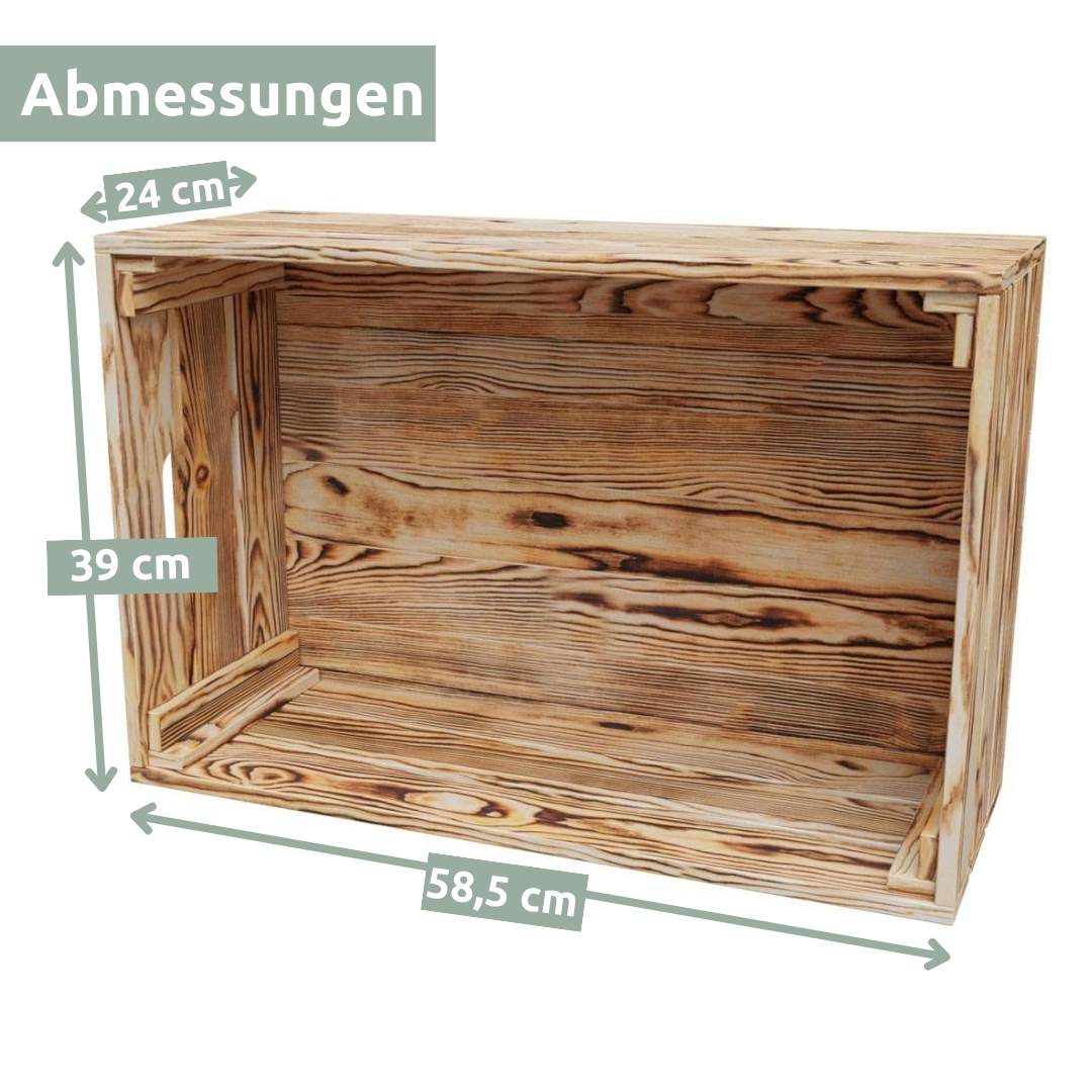 Maattekening houten kist geflambeerd maat XL: 58,5 cm breed, 24 cm diep, 39 cm hoog