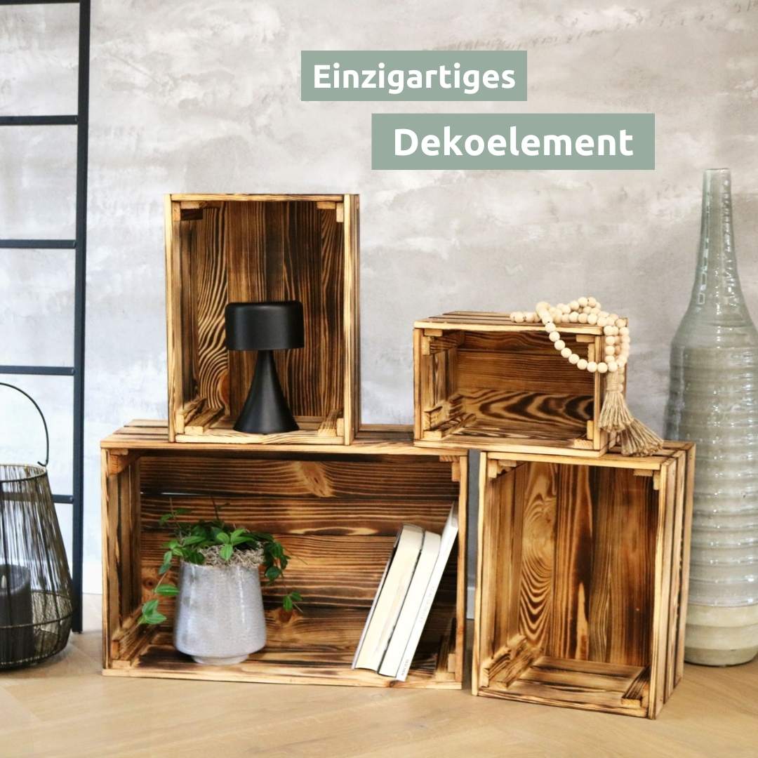 Geflambeerde houten kisten gearrangeerd als decoratie-ensemble met boeken, bloempot en tafellamp