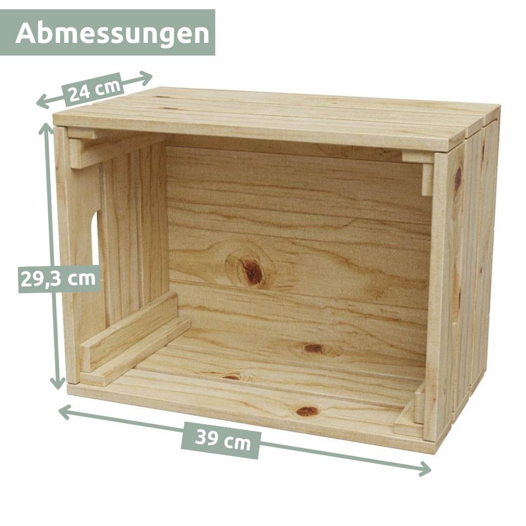 Maattekening grote houten kist naturel, 58,5 cm breed, 39 cm hoog, 24 cm diep, vooraanzicht