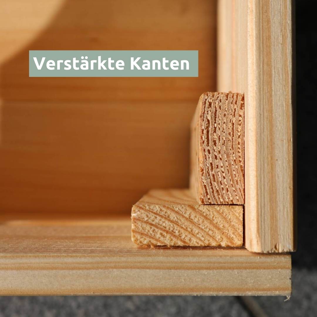 Binnenaanzicht van de hoekversteviging van massief grenenhout aan de wijnkist in naturel