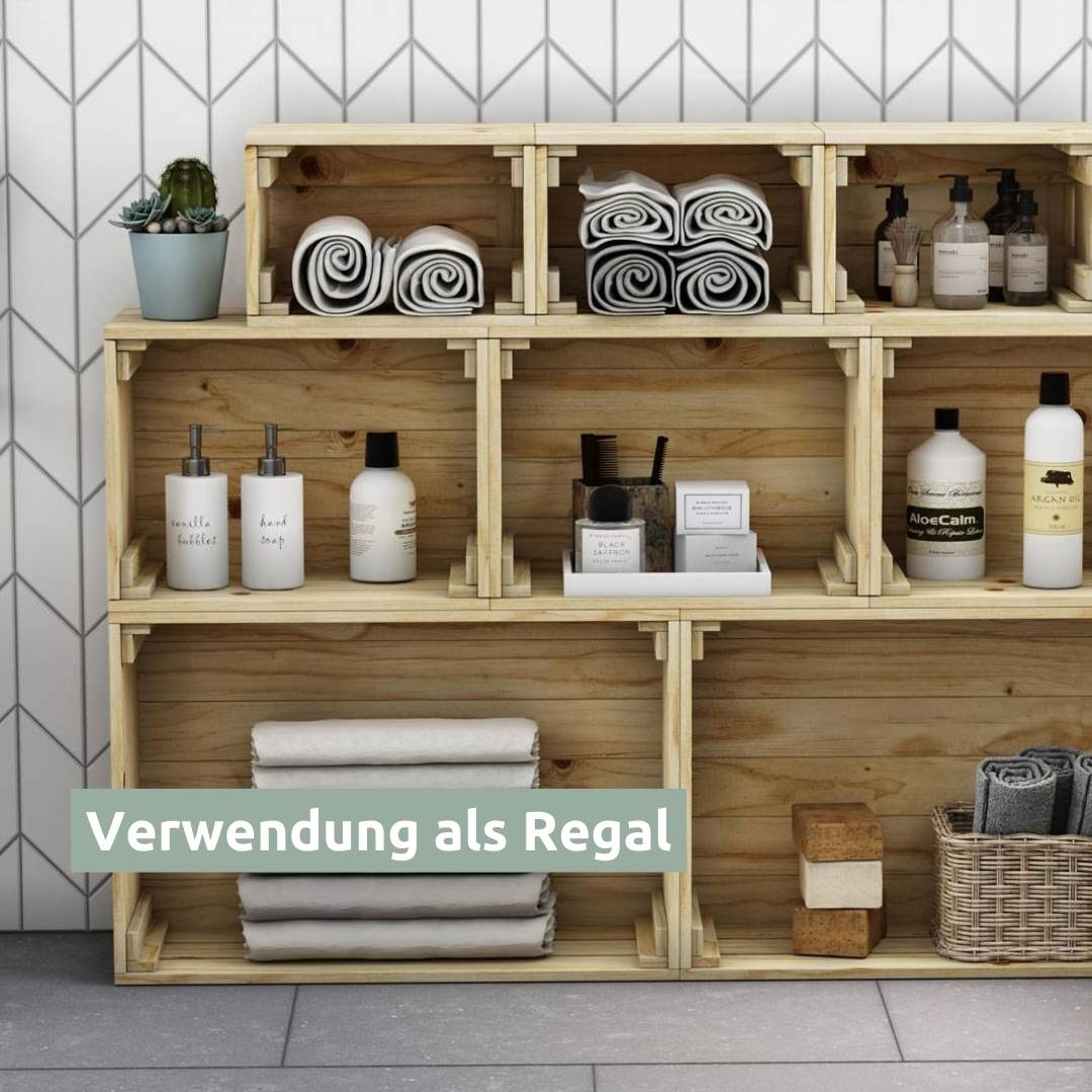 Houten kisten in naturel als badkamerrek met handdoeken, zeep en verzorgingsproducten