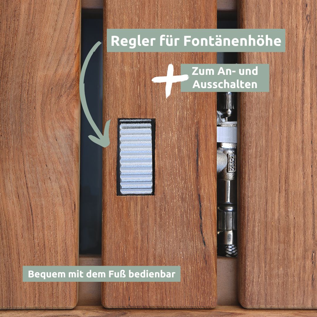 Regelaar voor de fonteinhoogte tussen de teakhouten lamellen van de vloerdouche, met de voet bedienbaar