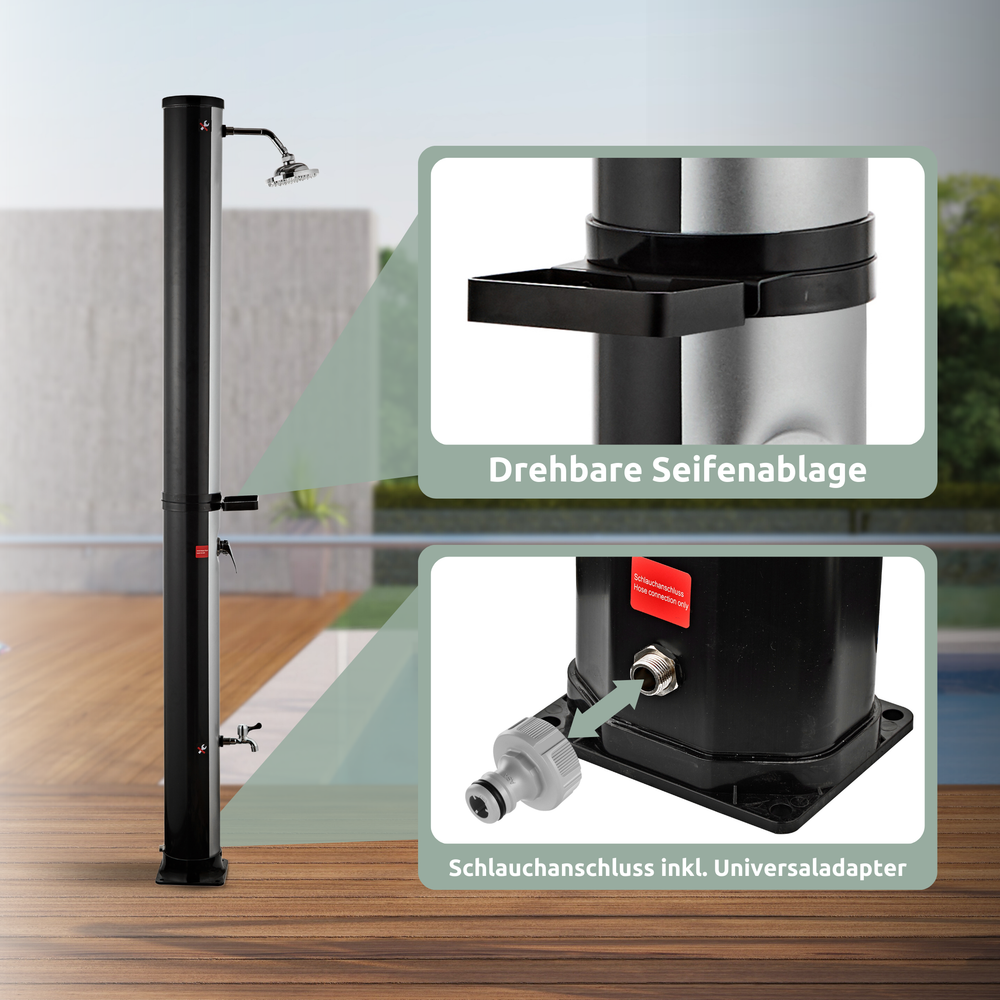 Zonnedouche in zwart met draaibaar zeepbakje en slangaansluiting met universele adapter