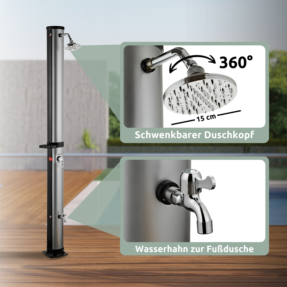 Zonnedouche met zwenkbare 360-graden douchekop, 15 cm, en kraan voor de voetdouche