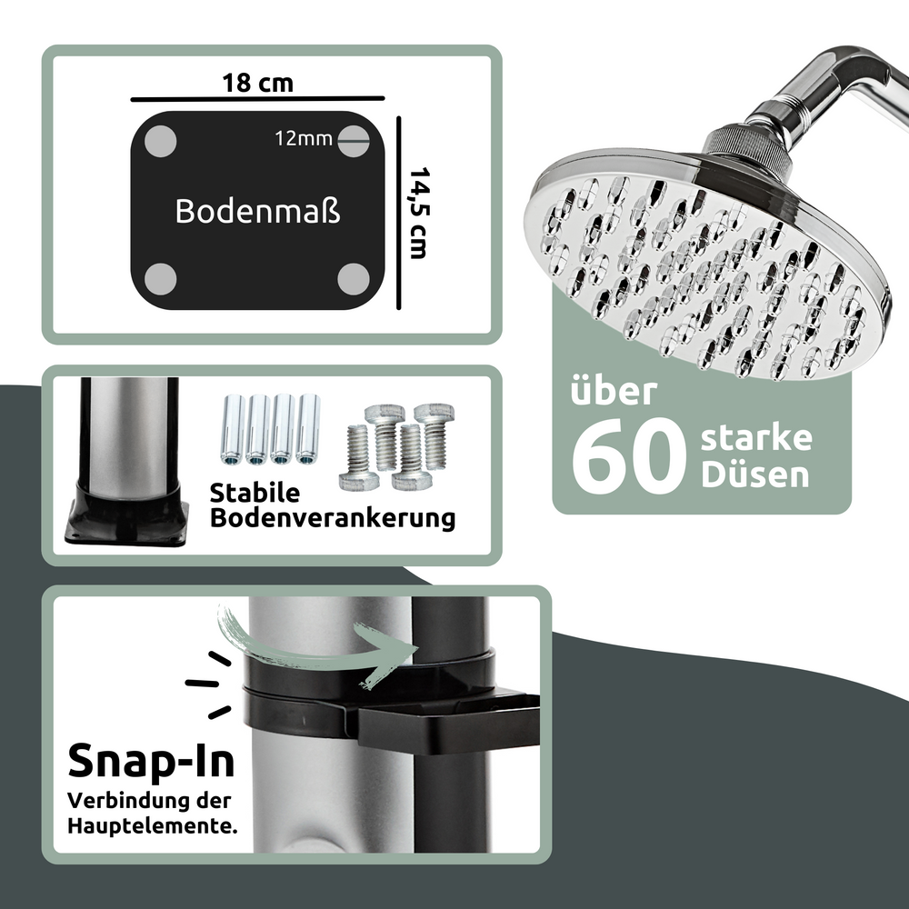 Infographic zonnedouche: bodemmaat 18 cm, bodemverankering, meer dan 60 sproeiers en snap-in-verbinding