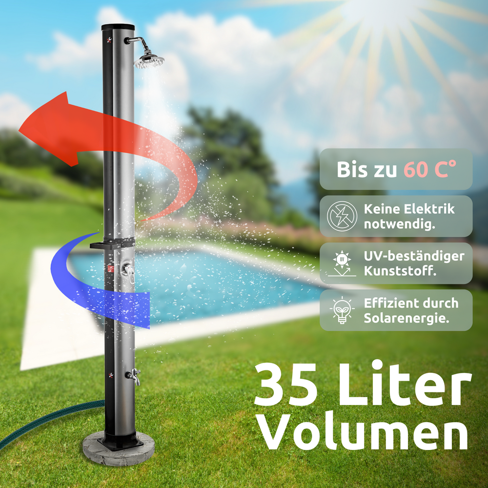 Zwarte zonnedouche bij het zwembad in de tuin, 35 liter inhoud, verwarmt tot 60 graden