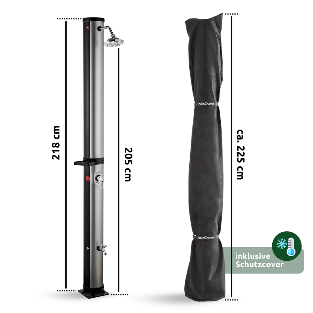 Maattekening outdoor zonnedouche, 218 cm hoog, met beschermhoes ca. 225 cm
