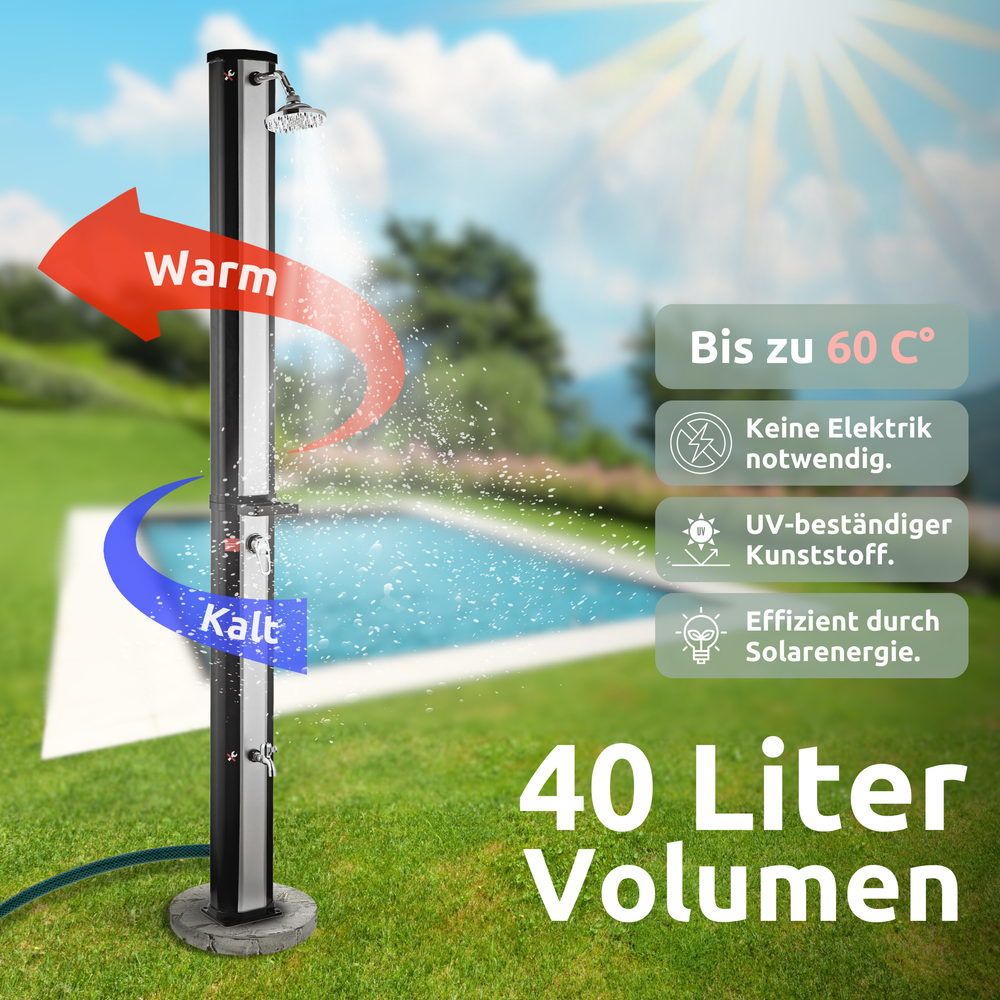 Zonnedouche bij het zwembad in de tuin, tot 60 °C warm water dankzij 40 liter zonnereservoir