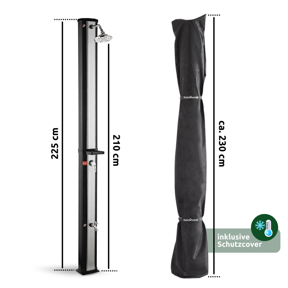 Maattekening zonnedouche: 225 cm hoog, 210 cm douchehoogte, inclusief beschermhoes ca. 230 cm