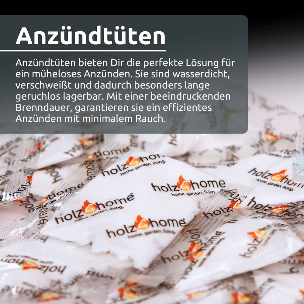 Close-up van verzegelde aanmaakzakjes van was en houtwol met holz4home-logo