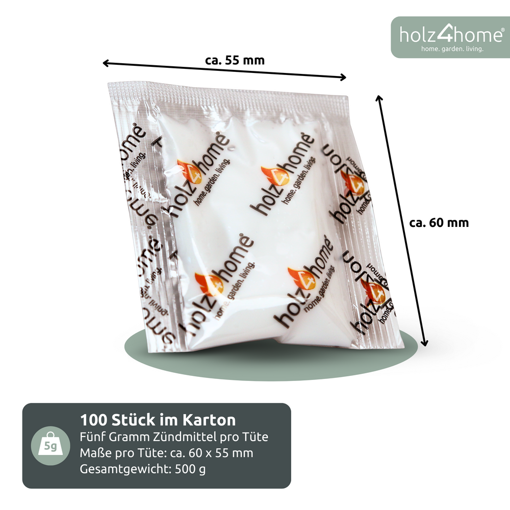 Los aanmaakzakje van holz4home met 5 g aanmaakmiddel en afmetingen ca. 60 x 55 mm, productgegevensblad