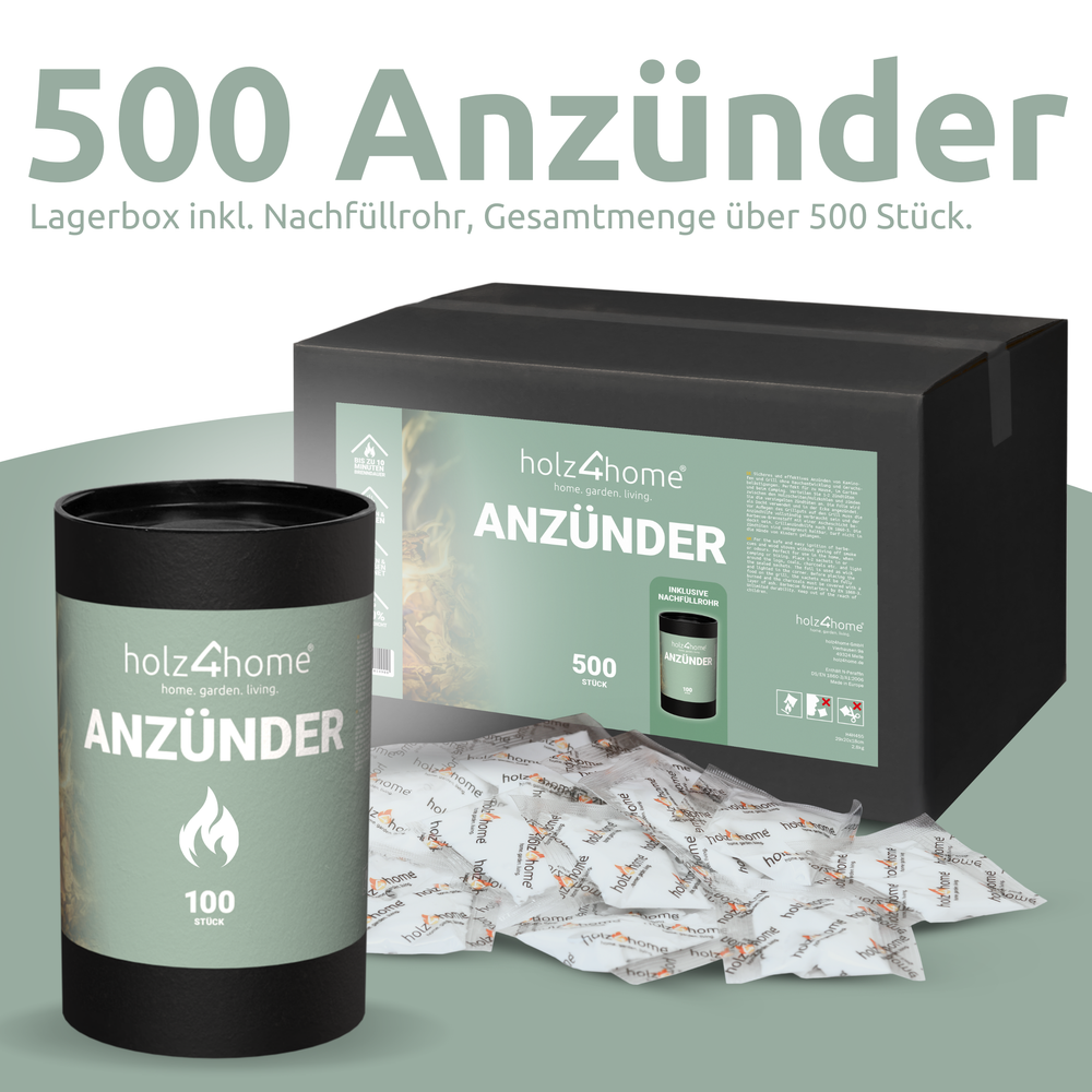 500 aanmaakblokjes in de set: zwarte voorraadblik en navulbox met aanmaakzakjes