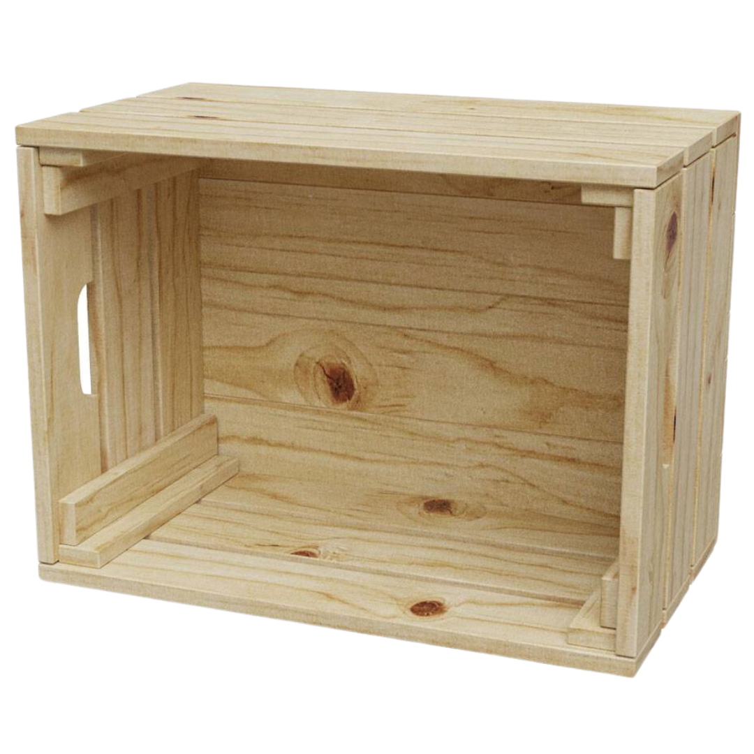 Houten kist naturel in maat L, vrijstaande wijnkist van grenenhout, vooraanzicht met greepopening